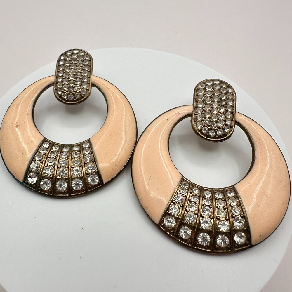 Vintage 80s Gold Tone Peach Enamel Rhinestone Door Knocker Earrings